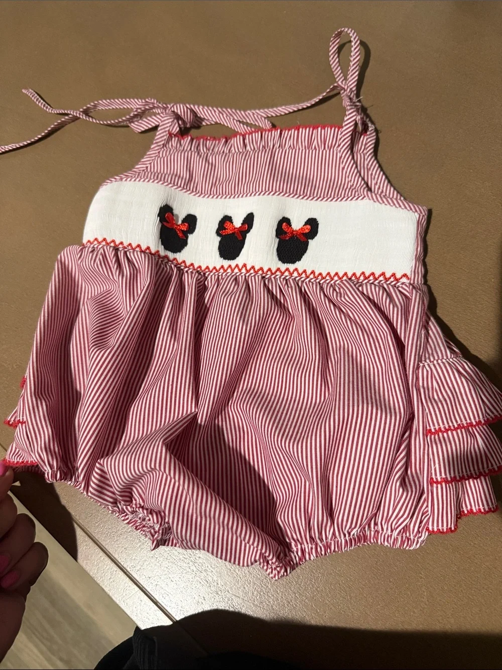 Stitchy Fish Red Striped Baby Romper with Minnie Mouse and Bow Accents